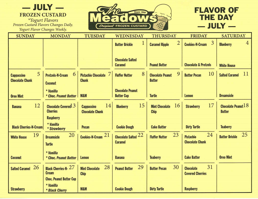 Meadows Ice Cream Flavor Of The Day Calendar