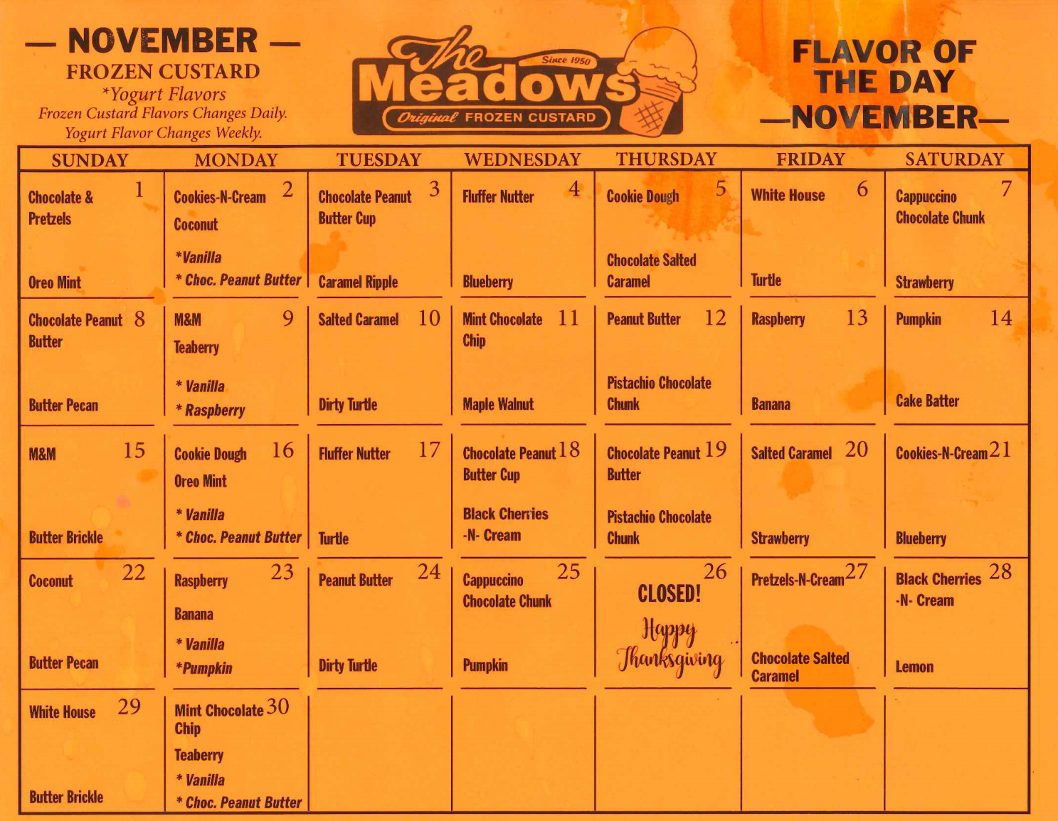 Meadows Hollidaysburg Flavor Of The Day Calendar Printable Calendar