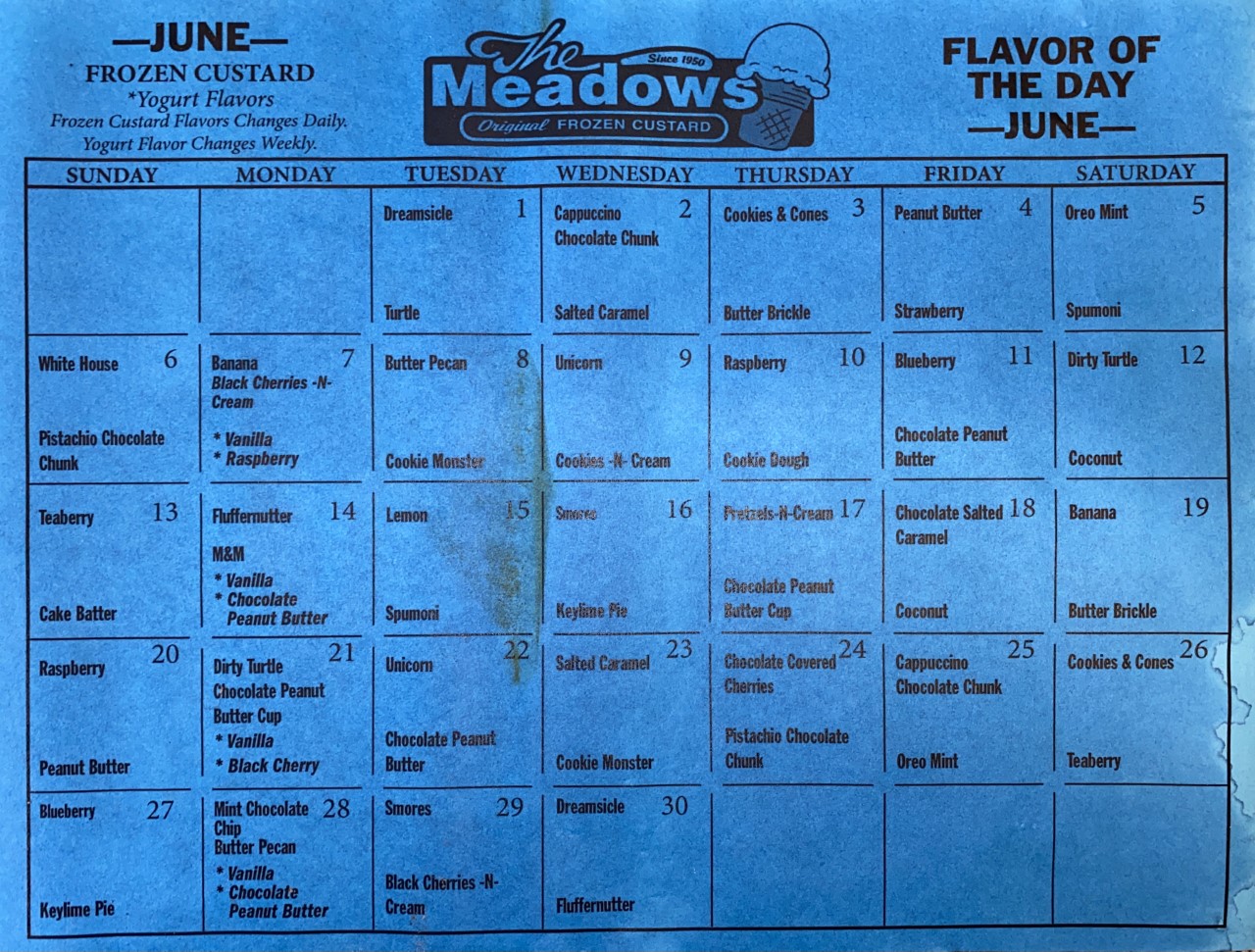 Meadows Ice Cream Flavor Of The Day Calendar