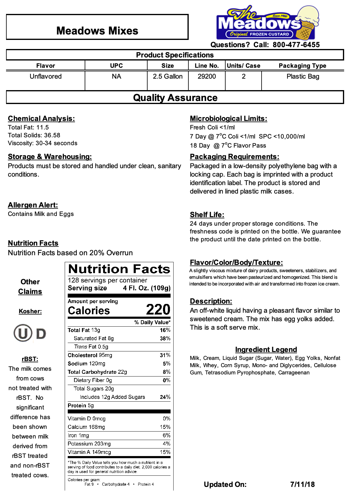 Nutrition Information Meadows Original Frozen Custard
