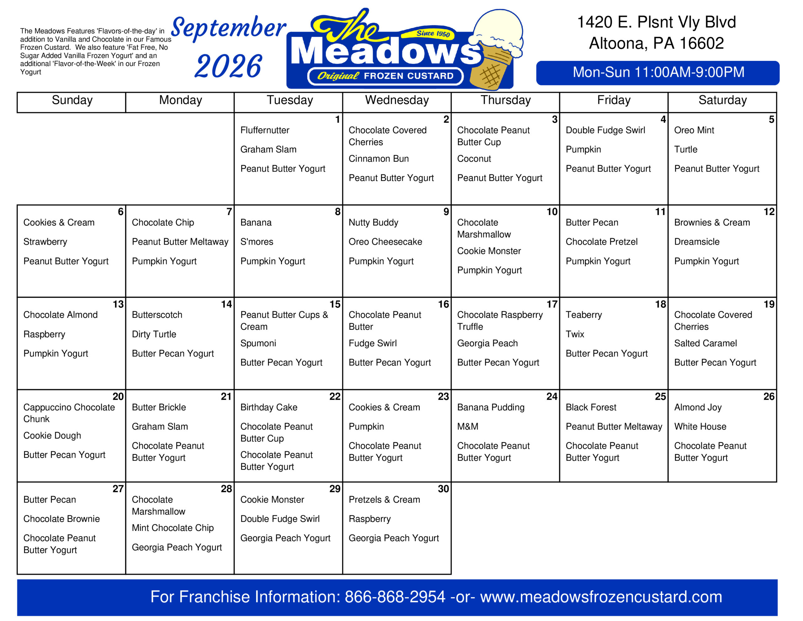 Flavor calendar for Greenwood, PA